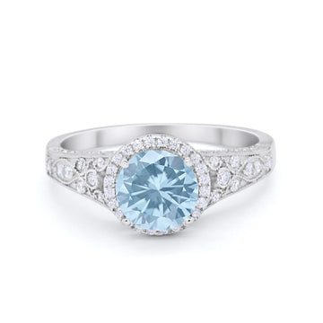 Art Deco Vintage Style Wedding Ring Simulated Aquamarine CZ 925 Sterling Silver